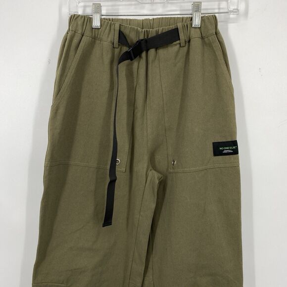 NO ONE ELSE by Chuu Unisex Belted Pants Small Green Cotton Wide leg Pull on NEW - Picture 2 of 15